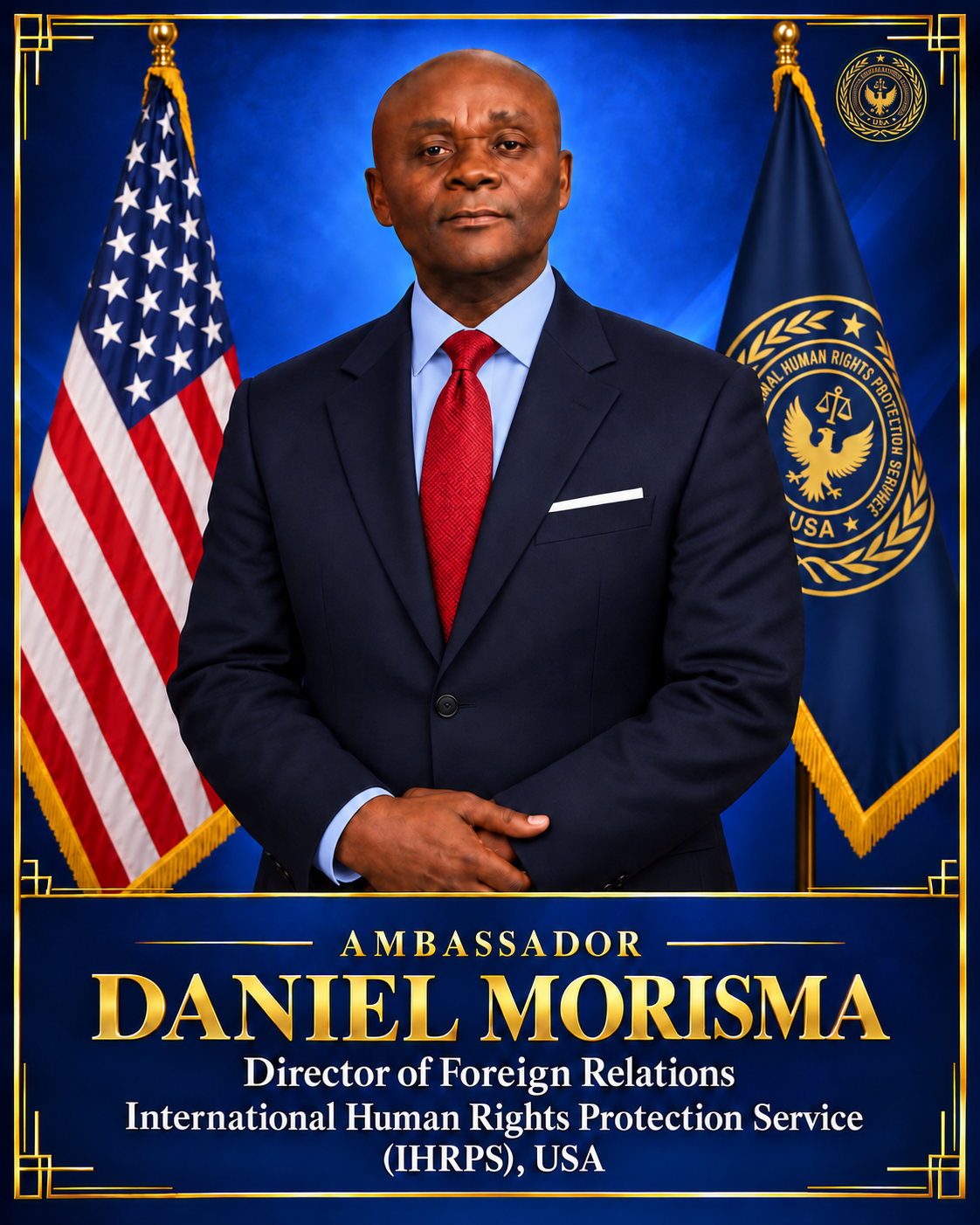 Portrait of Ambassador Daniel Morisma, Director of Foreign Relations, with the American and IHRPS flags