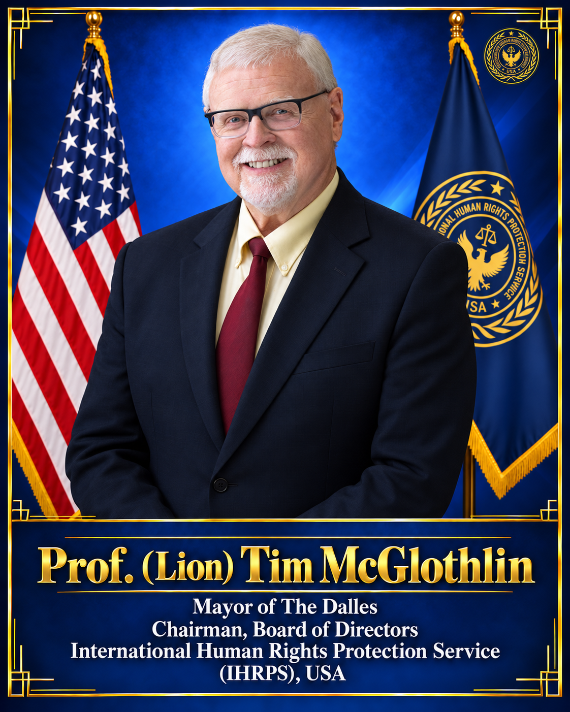Portrait of Prof. (Lion) Tim McGlothlin, Chairman of the Board of Directors, with the American and IHRPS flags