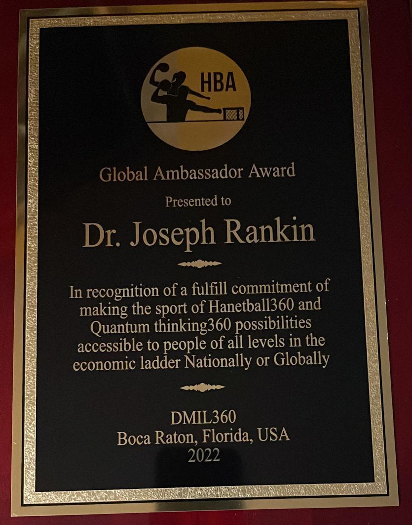 Global Ambassador Award plaque presented to Dr. Joseph Rankin, DMIL360, Boca Raton, Florida, USA, 2022
