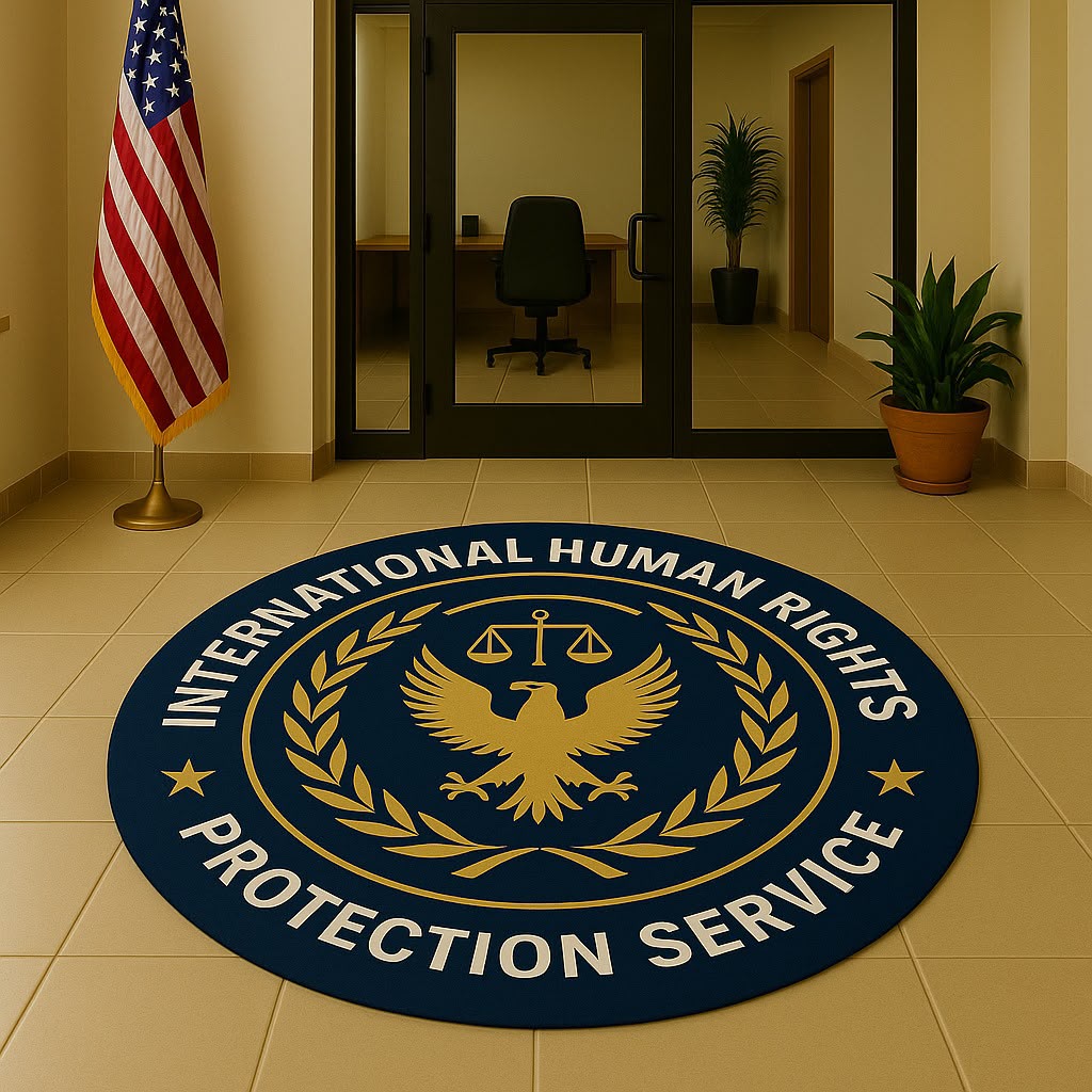 Office entrance image featuring the International Human Rights Protection Service emblem and an American flag